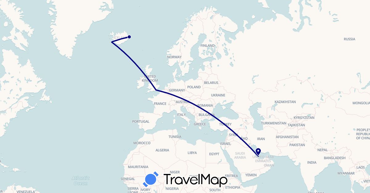 TravelMap itinerary: driving in United Kingdom, Iceland, Qatar (Asia, Europe)