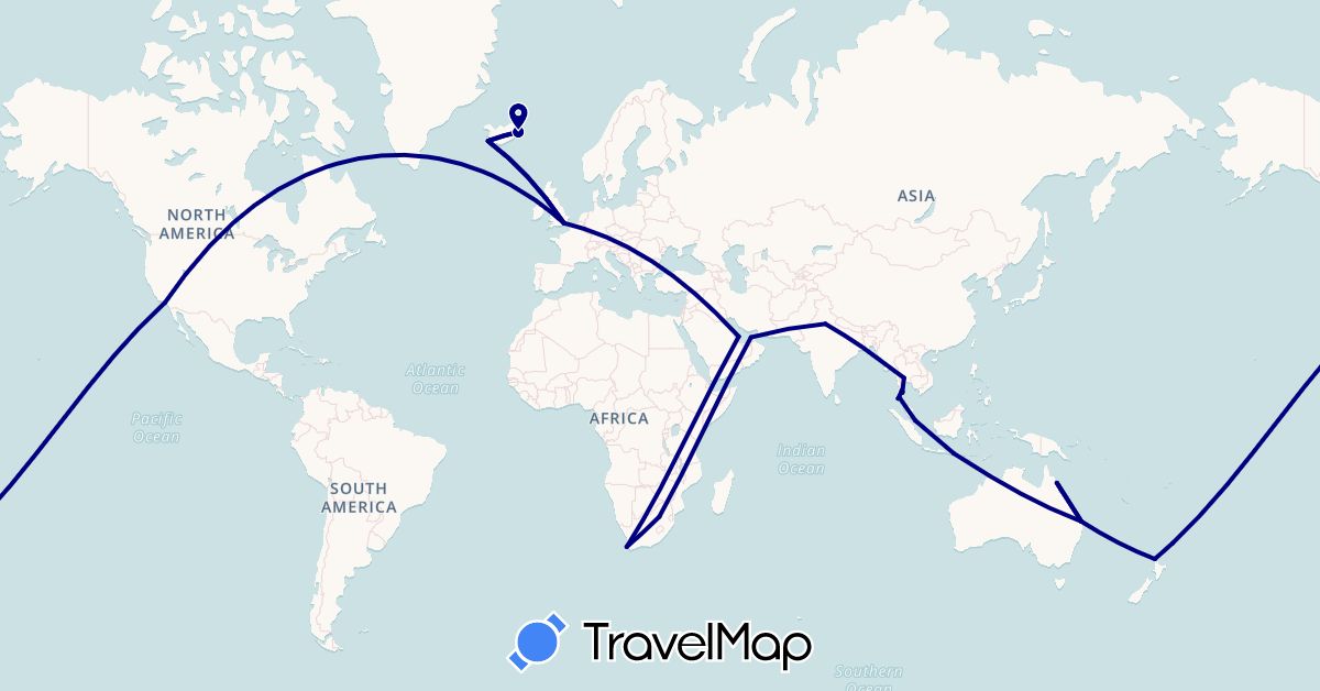TravelMap itinerary: driving in United Arab Emirates, Australia, United Kingdom, Indonesia, India, Iceland, New Zealand, Qatar, Singapore, Thailand, United States, South Africa (Africa, Asia, Europe, North America, Oceania)